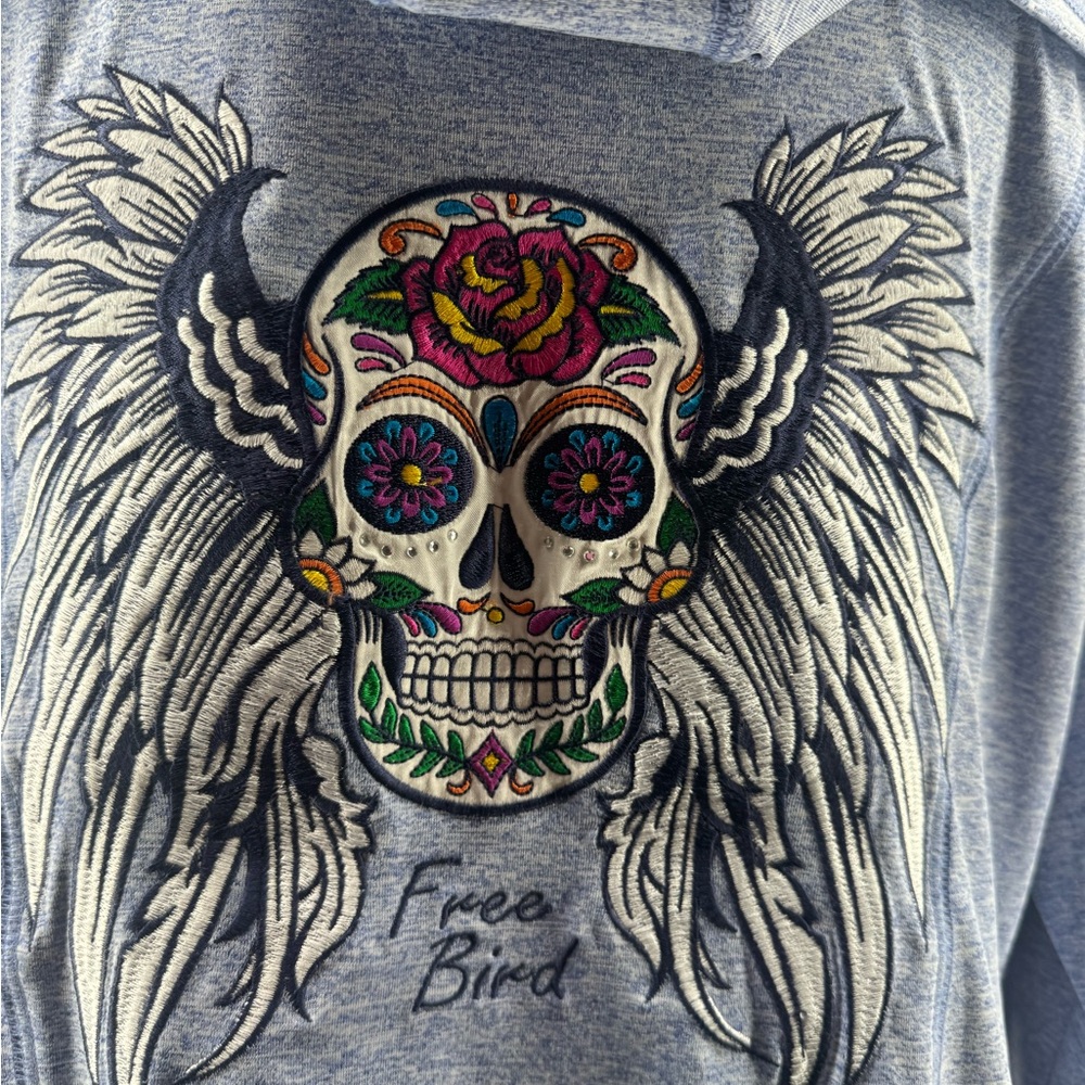 Riderdie Women's Skull embroidered light Blue Full-Zip Hoodie size  2XL Biker